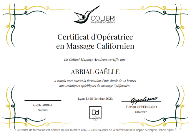 Praticienne certifiée Massage Californien